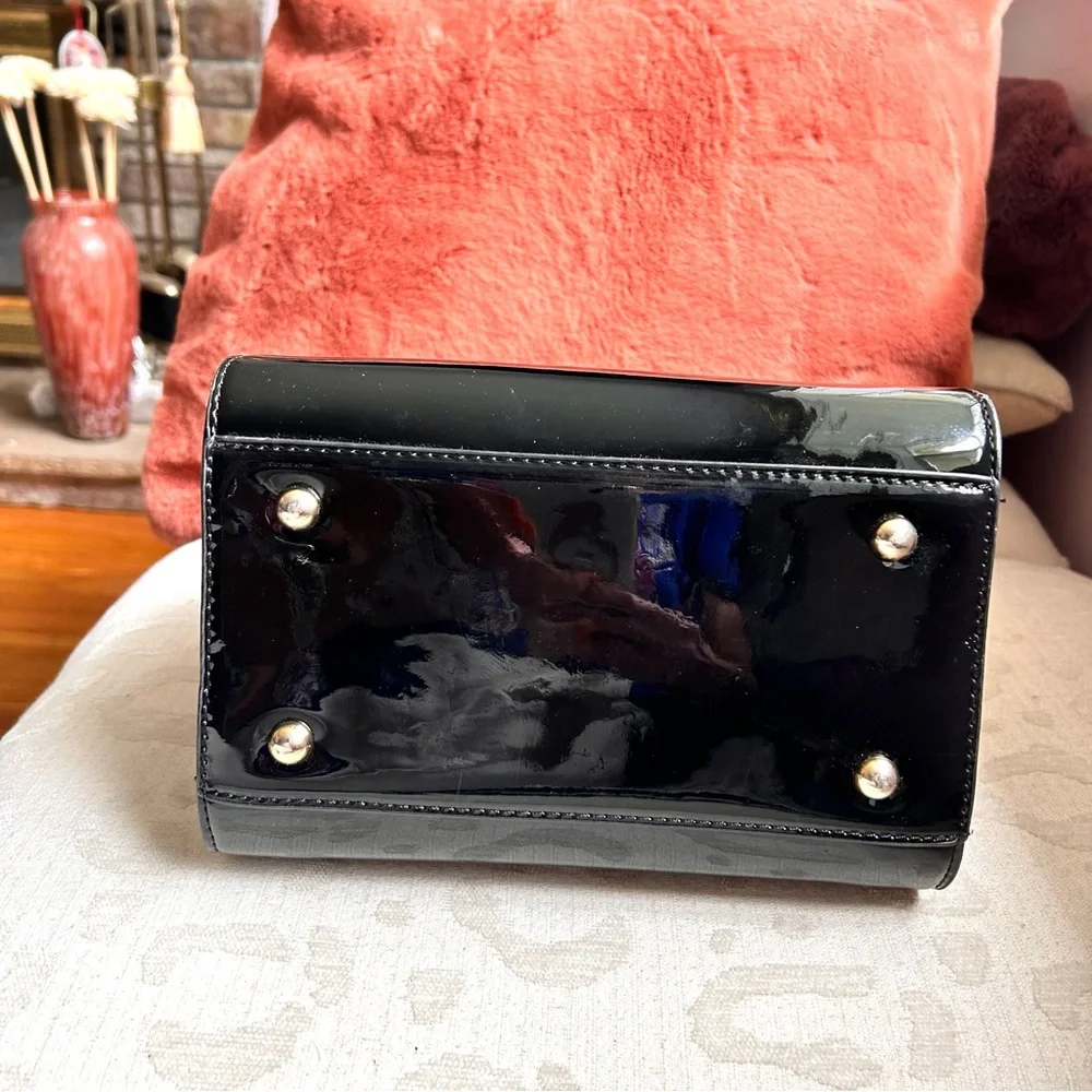 Faux Black Patent Leather Satchel with Gold Hardware, Handles and Crossbody